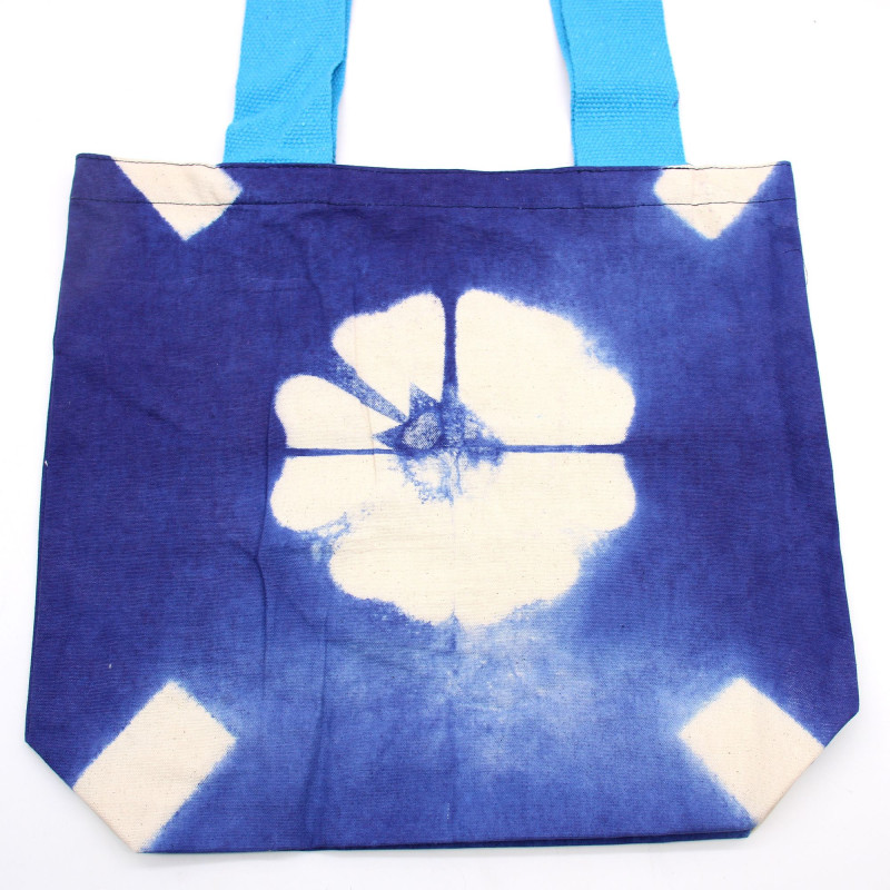 Sac en coton naturel teinté (227 g) - 38 x 42 x 12 cm - Fleur bleue - Poignée bleue