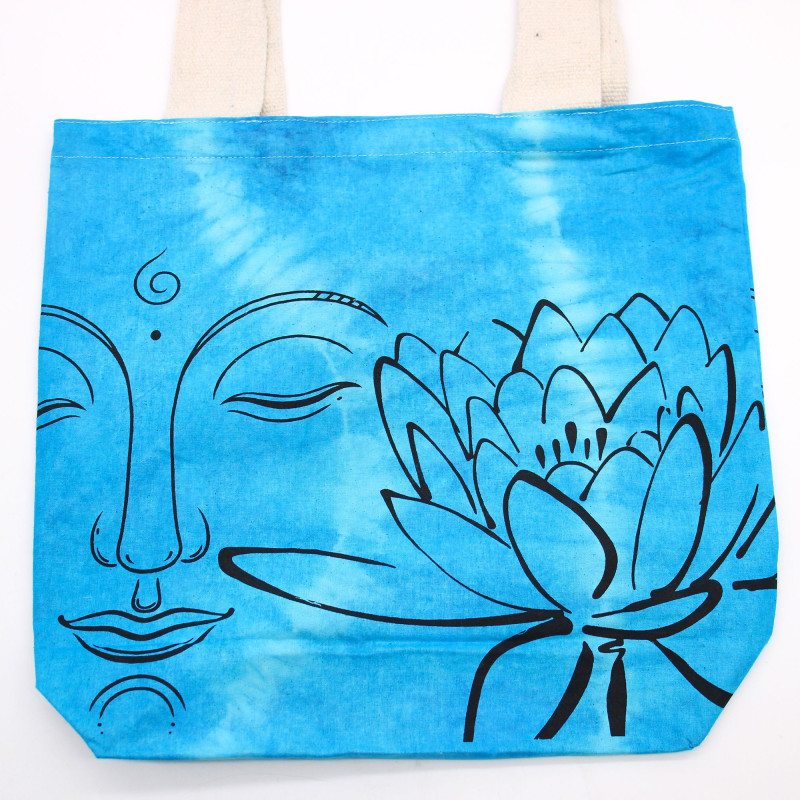 Sac en coton Tye-Dye (6oz) - 38x42x12cm - Lotus Buddha - Bleu - Anse naturelle