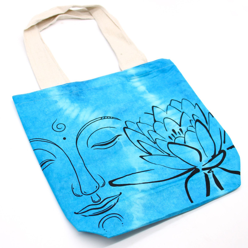 Sac en coton Tye-Dye (6oz) - 38x42x12cm - Lotus Buddha - Bleu - Anse naturelle