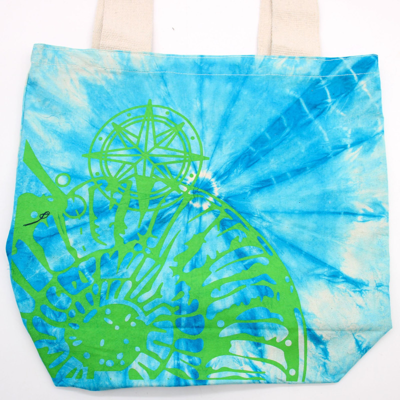 Sac en coton Tye-Dye (6oz) - 38x42x12cm - Coquillage - Bleu/Vert - Poignée verte
