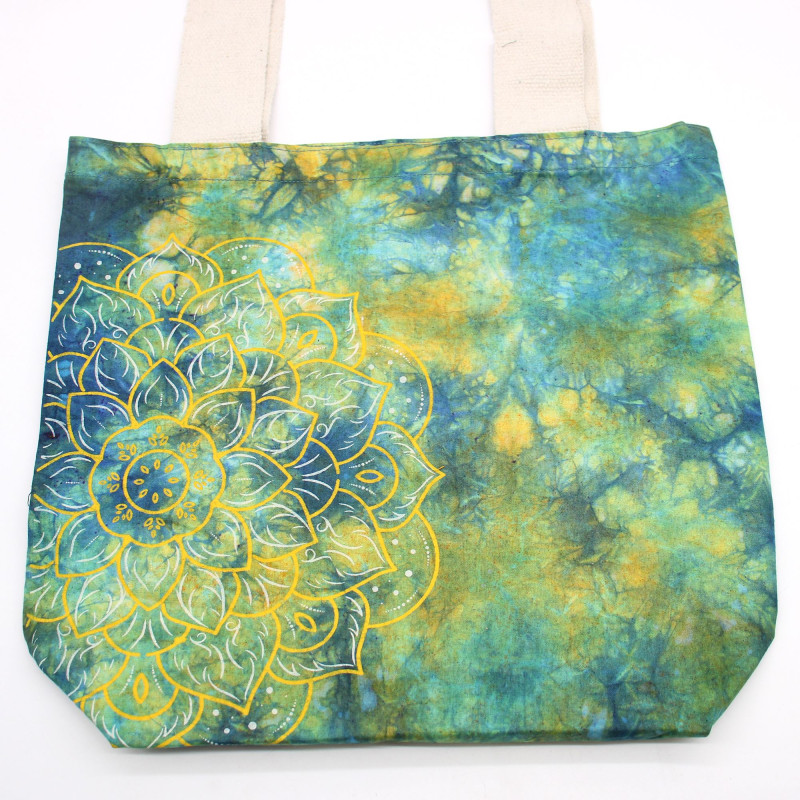 Sac en coton Tye-Dye (170 g) - 38 x 42 x 12 cm - Mandela - Vert/Bleu - Poignée naturelle