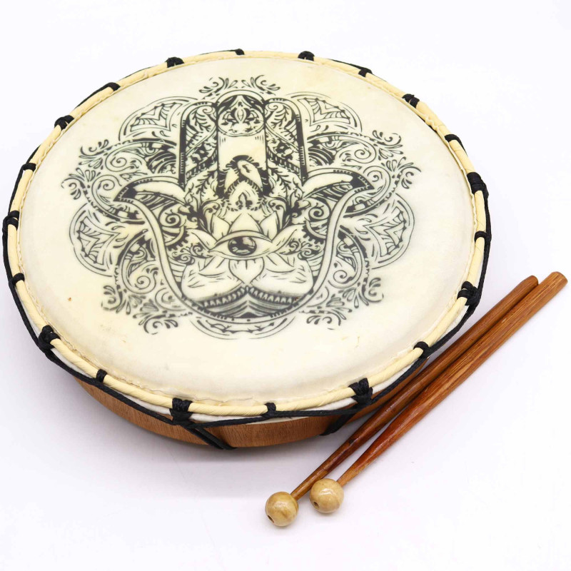 Tambour chamanique Hamsa avec deux baguettes - 30 cm