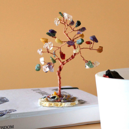Arbre à pierres précieuses - Pierres multiples sur base d'agate naturelle (35 pierres)