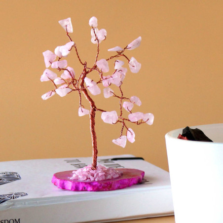 Arbre à pierres précieuses - Quartz rose sur base d'agate rose (35 pierres)