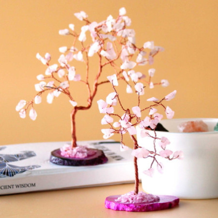 Arbre à pierres précieuses - Quartz rose sur base d'agate rose (35 pierres)