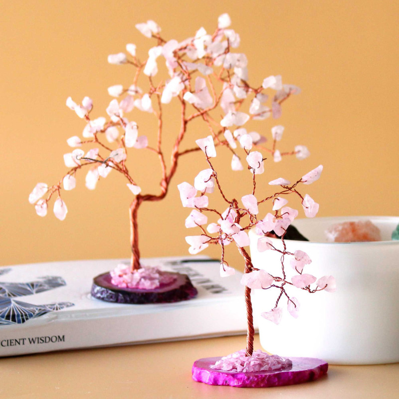 Arbre à pierres précieuses - Quartz rose sur base d'agate rose (35 pierres)