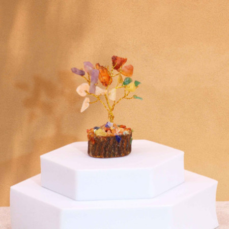 Mini arbres à pierres précieuses sur socle en bois et Multi pierres (15 pierres)