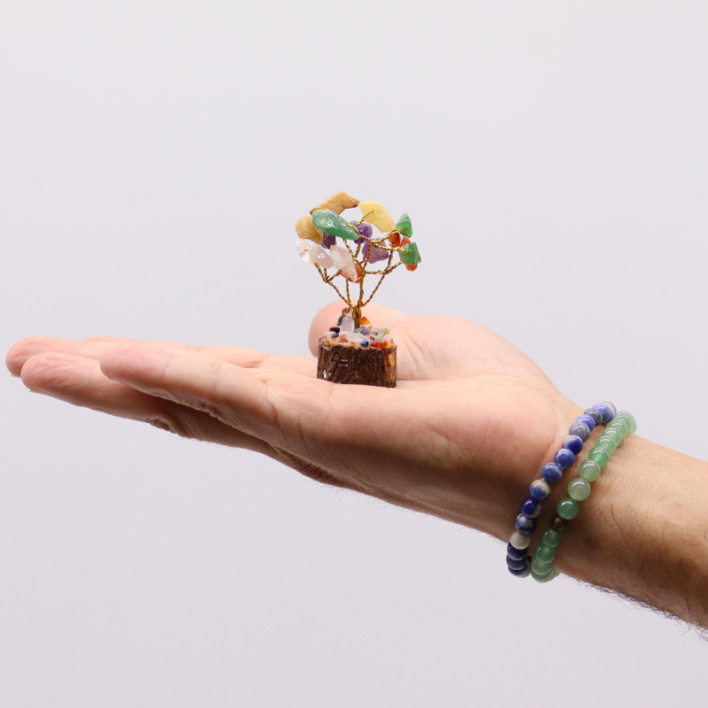 Mini arbres à pierres précieuses sur socle en bois et Multi pierres (15 pierres)