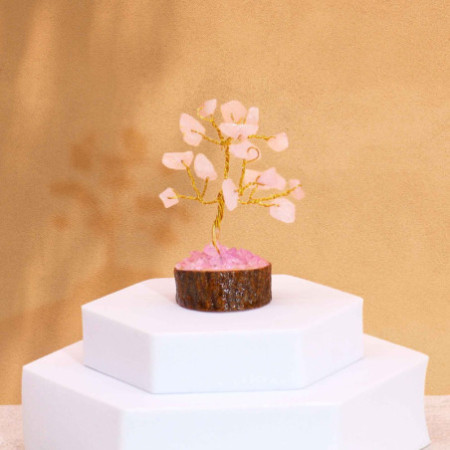 Mini arbres en pierres précieuses sur socle en bois et Quartz rose (15 pierres)