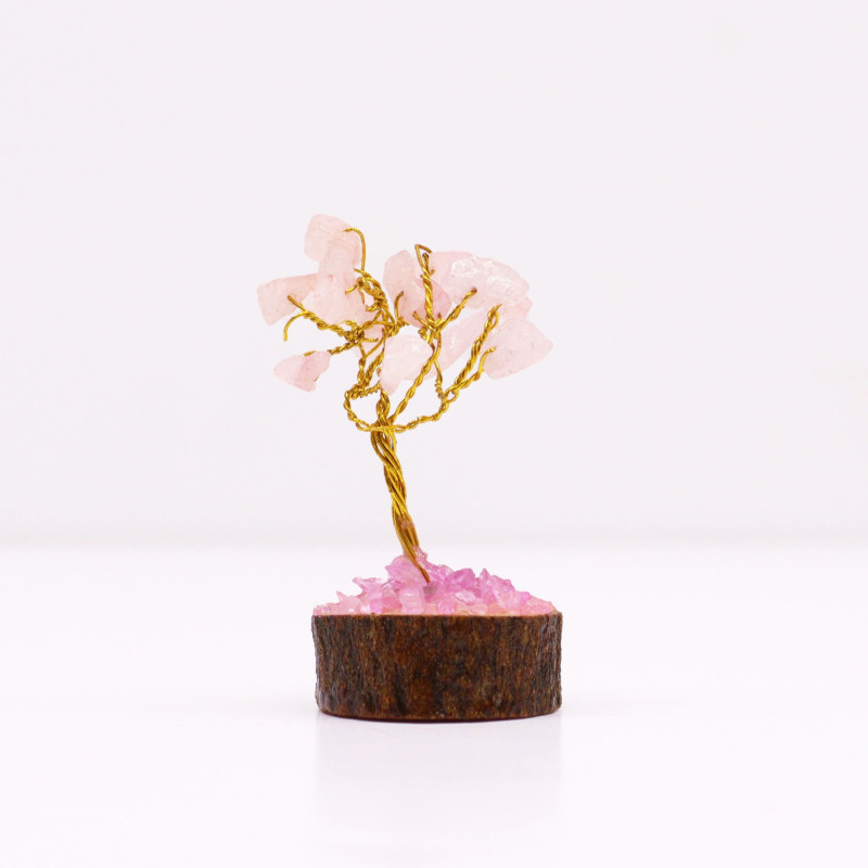 Mini arbres en pierres précieuses sur socle en bois et Quartz rose (15 pierres)