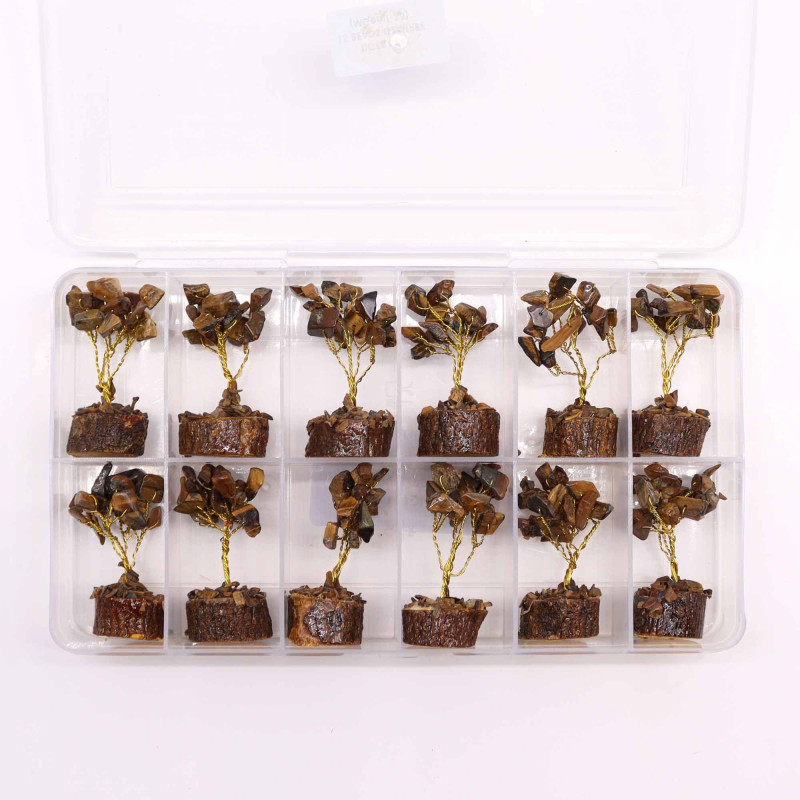 Mini arbres à pierres précieuses sur socle en bois et œil de tigre (15 pierres)