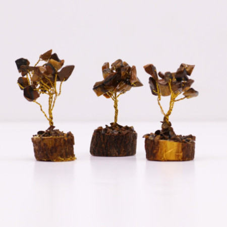 Mini arbres à pierres précieuses sur socle en bois et œil de tigre (15 pierres)
