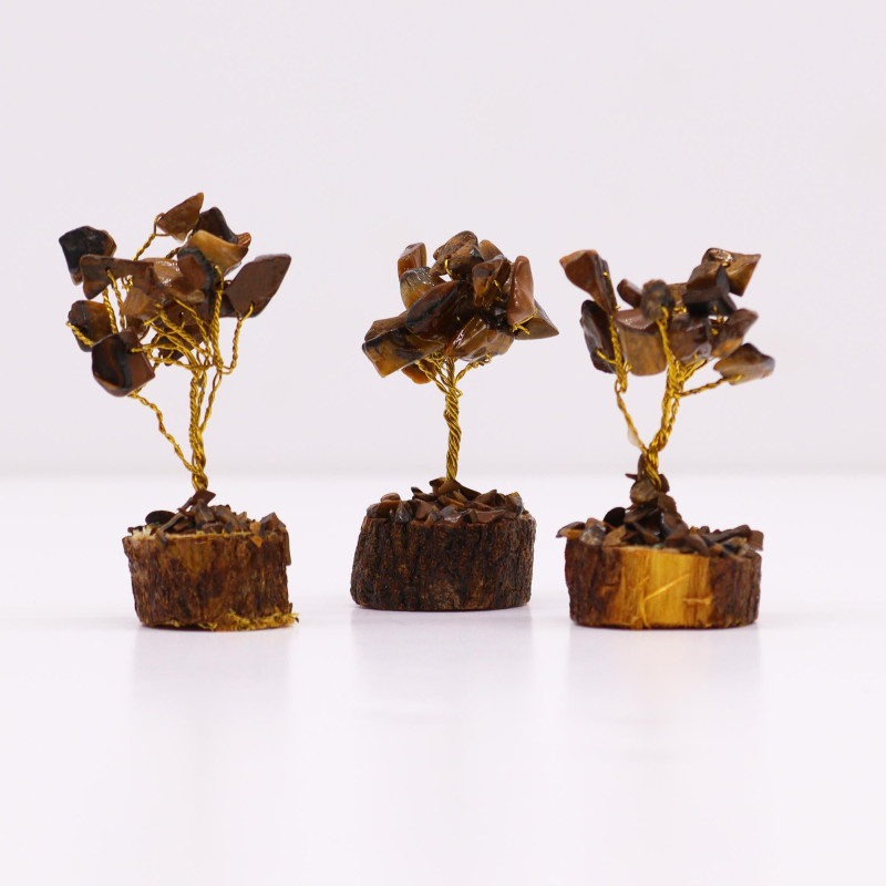 Mini arbres à pierres précieuses sur socle en bois et œil de tigre (15 pierres)