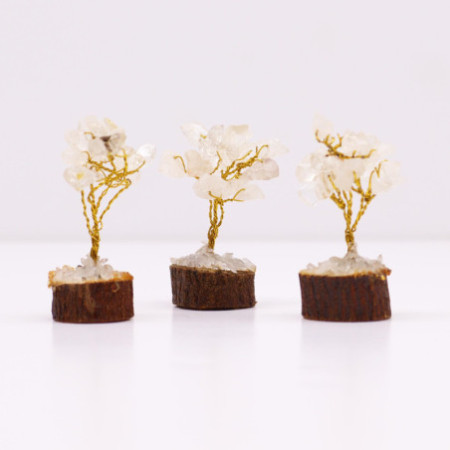 Mini arbres en pierres précieuses sur socle en bois et Quartz rocheux (15 pierres)