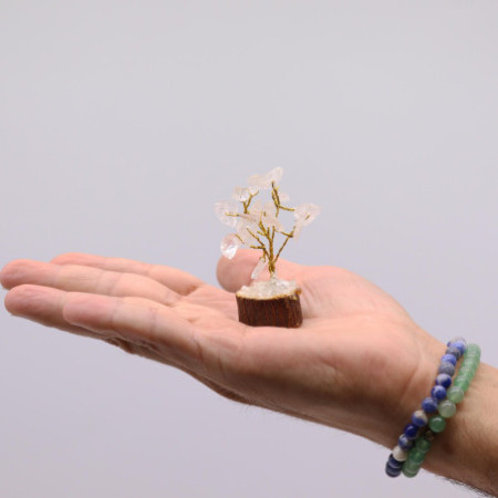 Mini arbres en pierres précieuses sur socle en bois et Quartz rocheux (15 pierres)