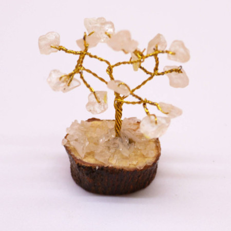 Mini arbres en pierres précieuses sur socle en bois et Quartz rocheux (15 pierres)