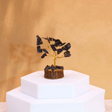Mini arbres à pierres précieuses sur socle en bois et Agate noire (15 pierres)