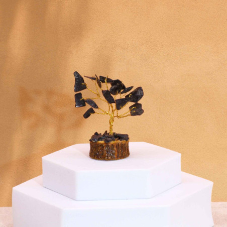 Mini arbres à pierres précieuses sur socle en bois et Agate noire (15 pierres)