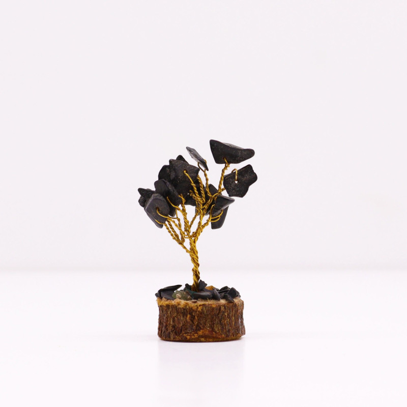 Mini arbres à pierres précieuses sur socle en bois et Agate noire (15 pierres)