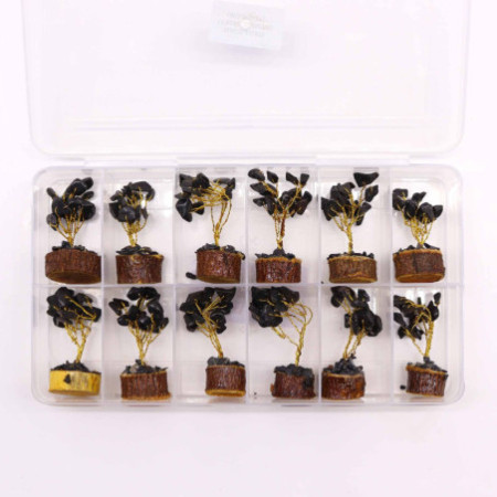 Mini arbres à pierres précieuses sur socle en bois et Agate noire (15 pierres)