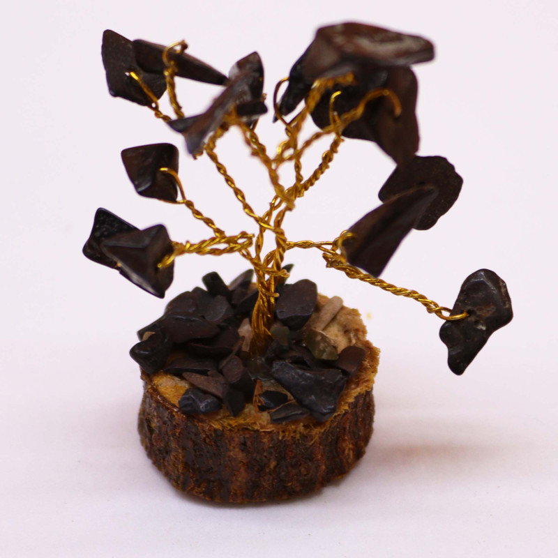 Mini arbres à pierres précieuses sur socle en bois et Agate noire (15 pierres)