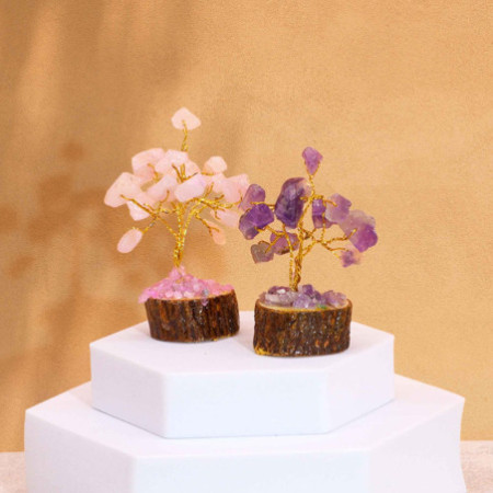 Coffret de 12 mini arbres à pierres précieuses sur socle en bois - Assortiment de 15 pierres