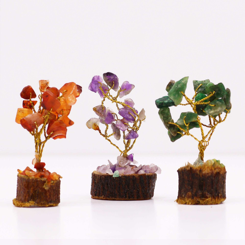 Coffret de 12 mini arbres à pierres précieuses sur socle en bois - Assortiment de 15 pierres