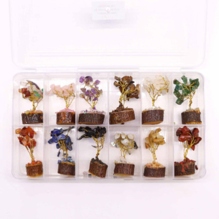 Coffret de 12 mini arbres à pierres précieuses sur socle en bois - Assortiment de 15 pierres