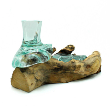 Petit vase à fleurs en verre fondu et photophore sur bois