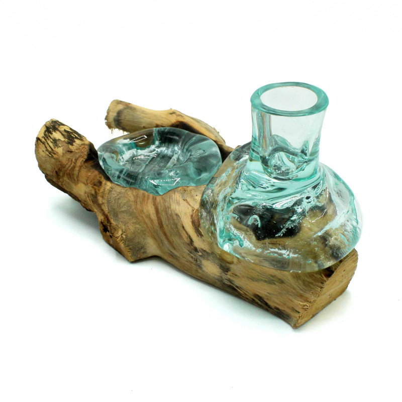 Petit vase à fleurs en verre fondu et photophore sur bois