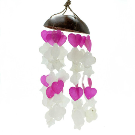 Carillons éoliens en noix de coco et capiz - Formes mixtes rose et blanc - 35 cm