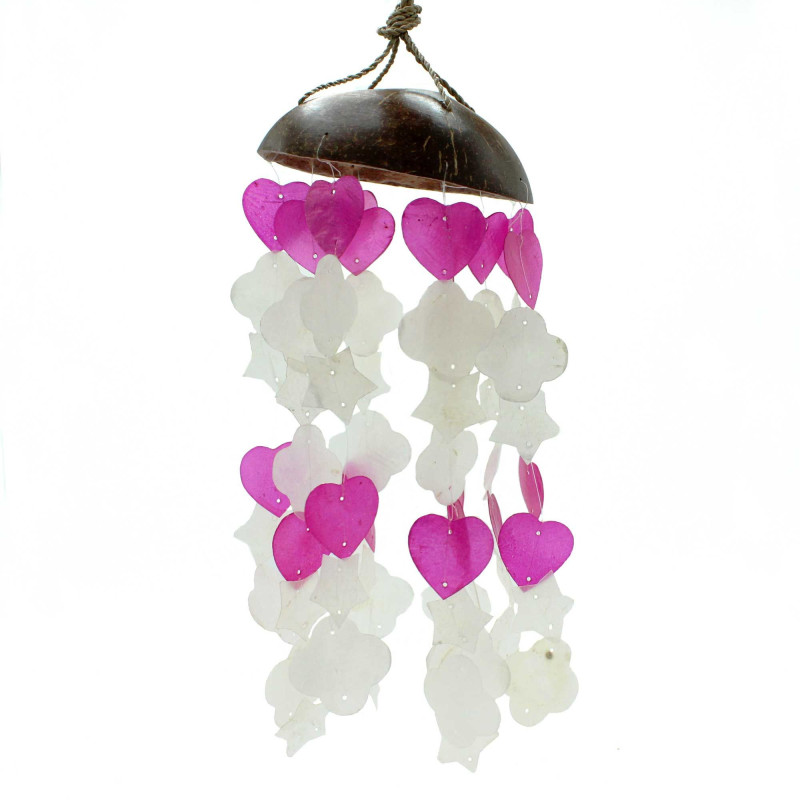 Carillons éoliens en noix de coco et capiz - Formes mixtes rose et blanc - 35 cm