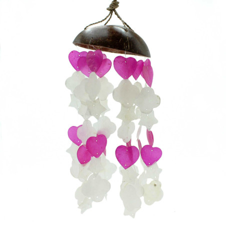 Carillons éoliens en noix de coco et capiz - Formes mixtes rose et blanc - 35 cm
