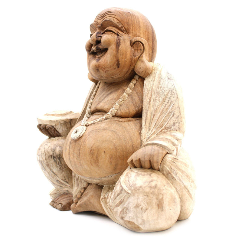 Statue de Bouddha sculptée à la main - 40 cm Happy - Blanchi à la chaux