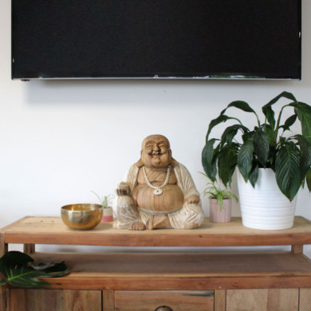 Statue de Bouddha sculptée à la main - 40 cm Happy - Blanchi à la chaux