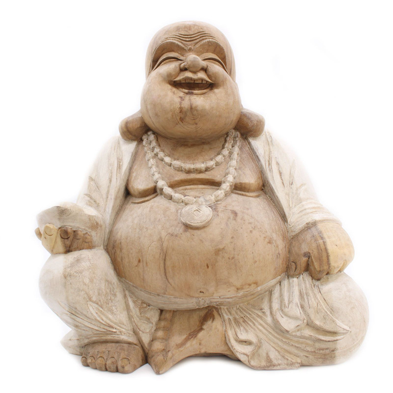 Statue de Bouddha sculptée à la main - 50 cm Happy - Blanchi à la chaux
