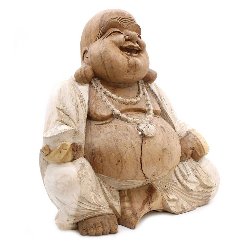 Statue de Bouddha sculptée à la main - 50 cm Happy - Blanchi à la chaux