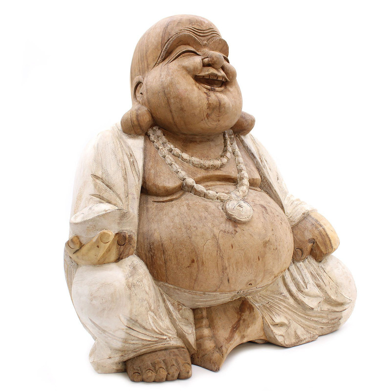 Statue de Bouddha sculptée à la main - 50 cm Happy - Blanchi à la chaux