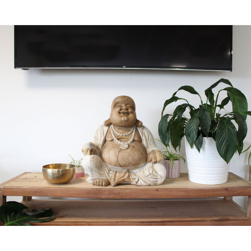 Statue de Bouddha sculptée à la main - 50 cm Happy - Blanchi à la chaux