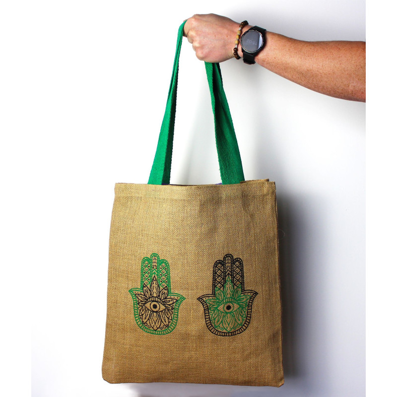 Grand sac fourre-tout en jute Mystic Designs - Hamsa