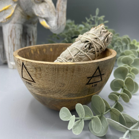 Bol en bois pour offrandes rituelles et de purification - Quatre éléments - 12 x 7 cm
