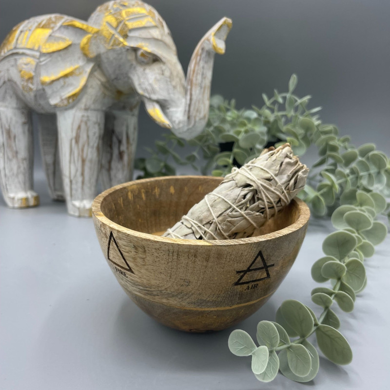 Bol en bois pour offrandes rituelles et de purification - Quatre éléments - 12 x 7 cm
