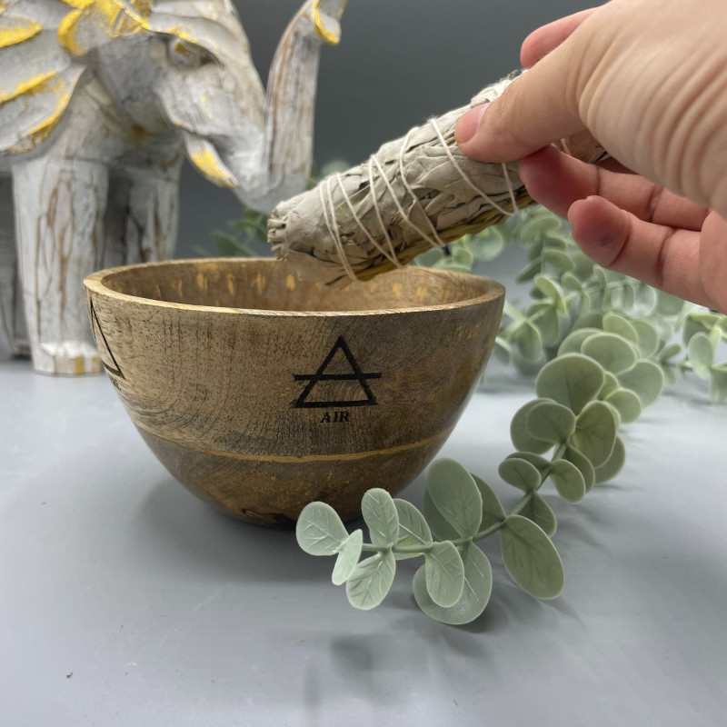 Bol en bois pour offrandes rituelles et de purification - Quatre éléments - 12 x 7 cm