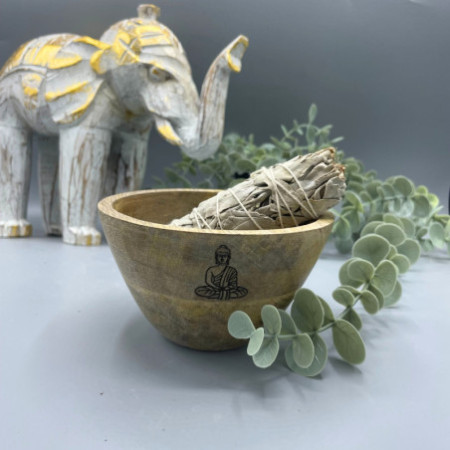 Bol en bois pour offrandes rituelles et de purification - Bouddha - 12x7cm