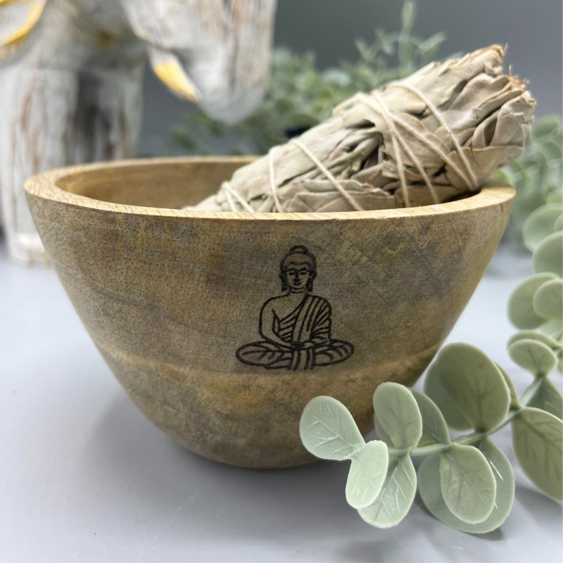 Bol en bois pour offrandes rituelles et de purification - Bouddha - 12x7cm