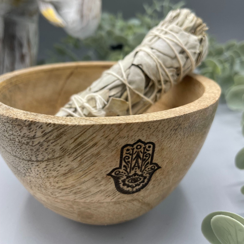 Bol en bois pour offrandes rituelles et rituelles - Hamsa - 12x7cm