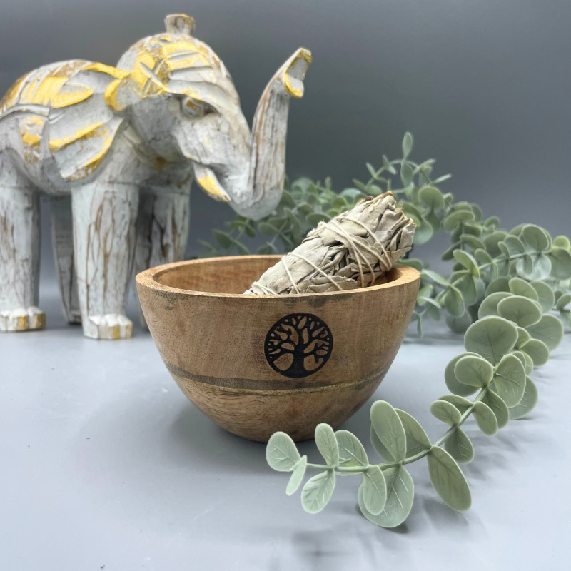 Bol en bois pour offrandes rituelles et de purification - Arbre de vie - 12 x 7 cm