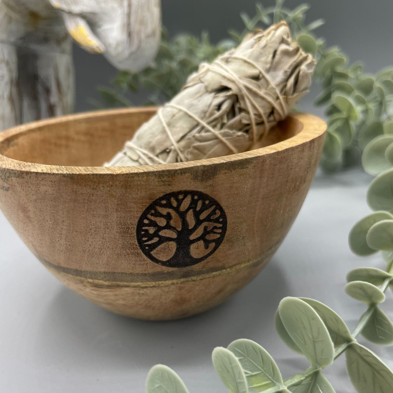 Bol en bois pour offrandes rituelles et de purification - Arbre de vie - 12 x 7 cm