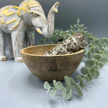 Bol en bois pour offrandes rituelles et de purification - Bouddha - 14 x 7 cm