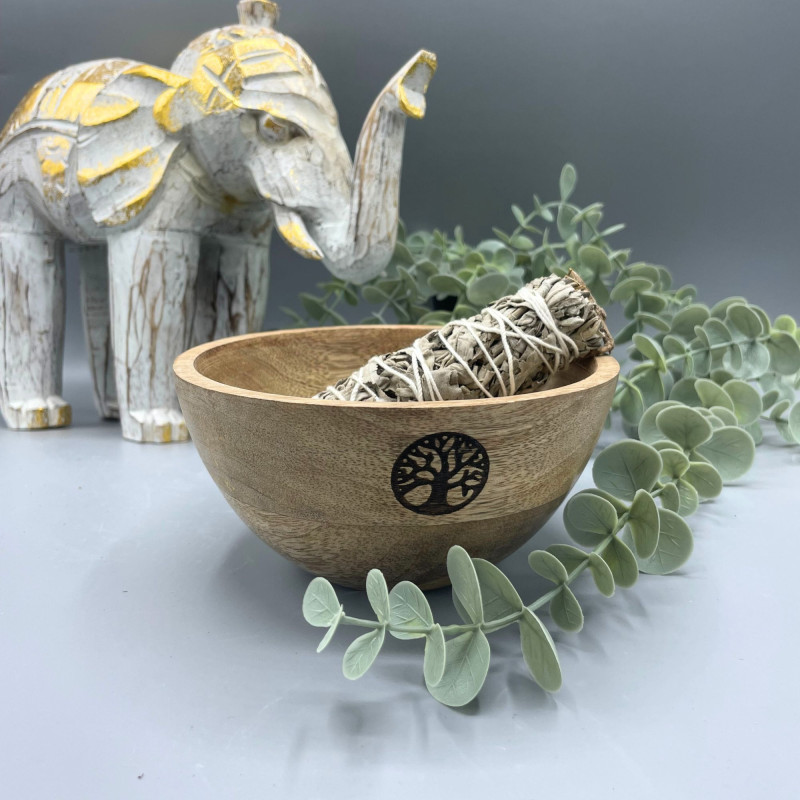 Bol en bois pour offrandes rituelles et de purification - Arbre de vie - 14 x 7 cm